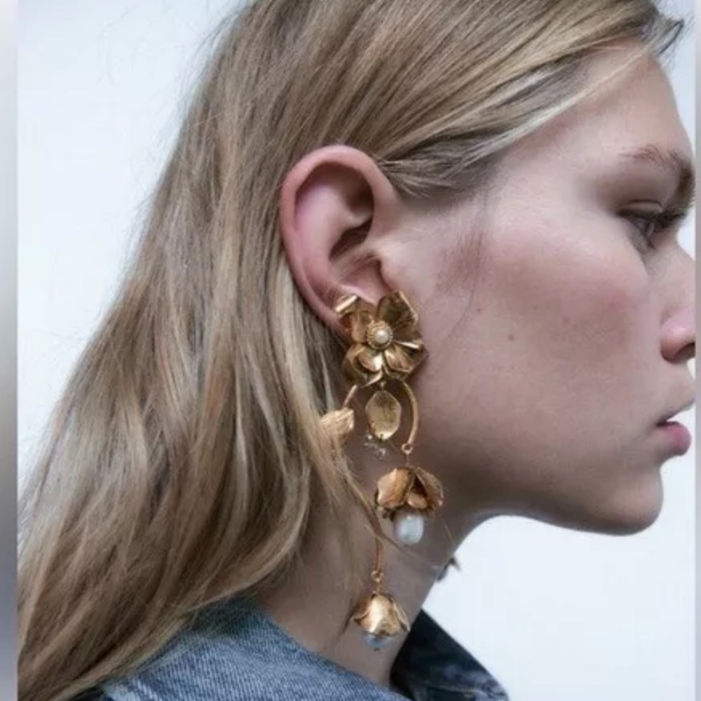 Gold Floral Drop Earrings - Picture 1 of 11
